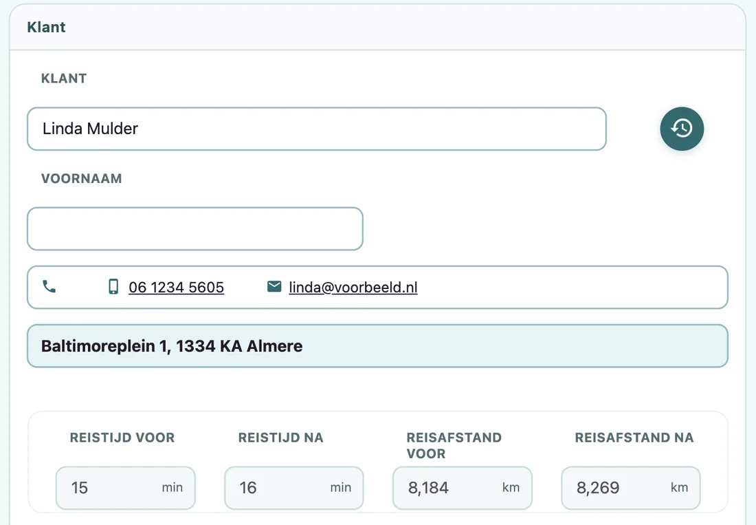 Schermafbeelding van een afspraak in Allino met klantgegevens, adres en reistijd voor en na de afspraak