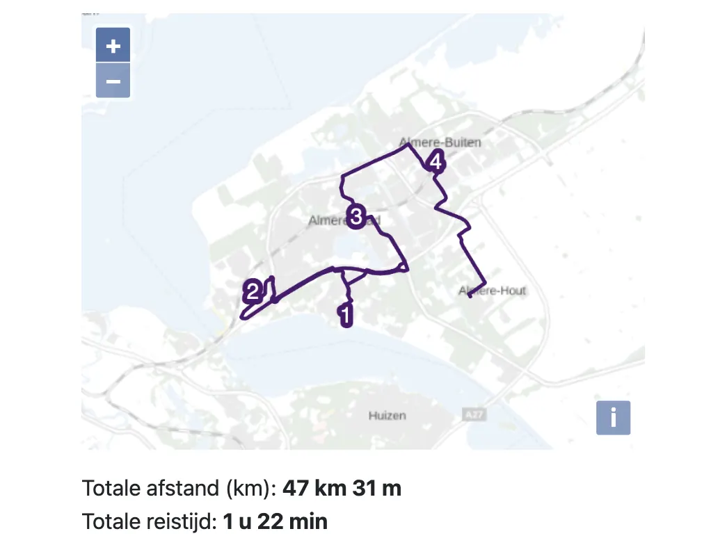 Schermafbeelding van de routekaart in Allino met de volgorde van afspraken, totale afstand en reistijd